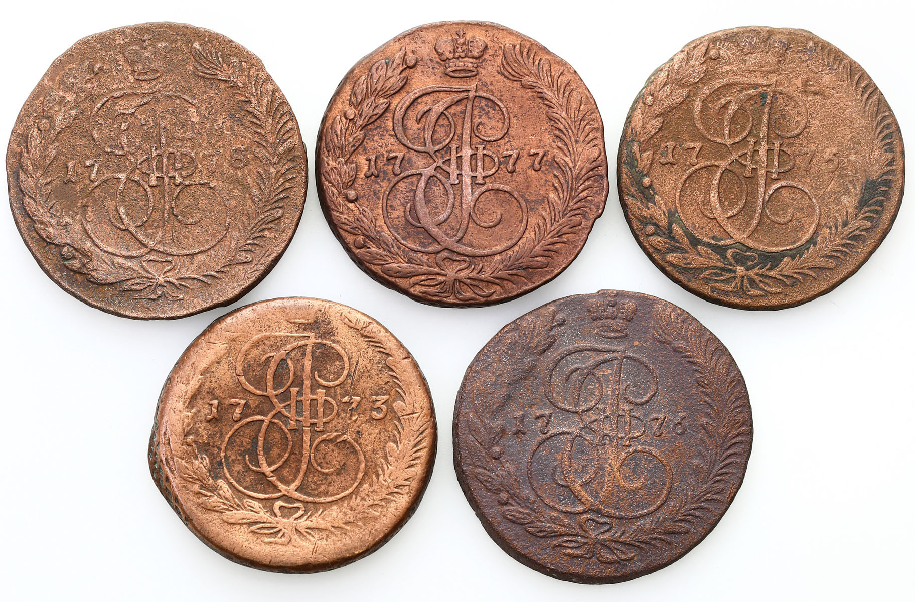 Rosja. Katarzyna II. 5 kopiejek 1773-1778, zestaw 5 monet